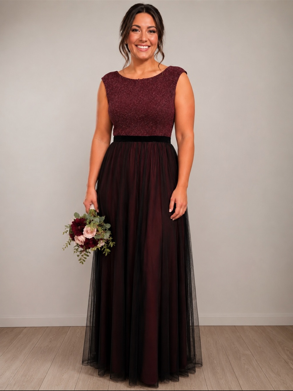 Signature by Sangria Sleeveless Burgundy & Black Tulle Maxi Dress